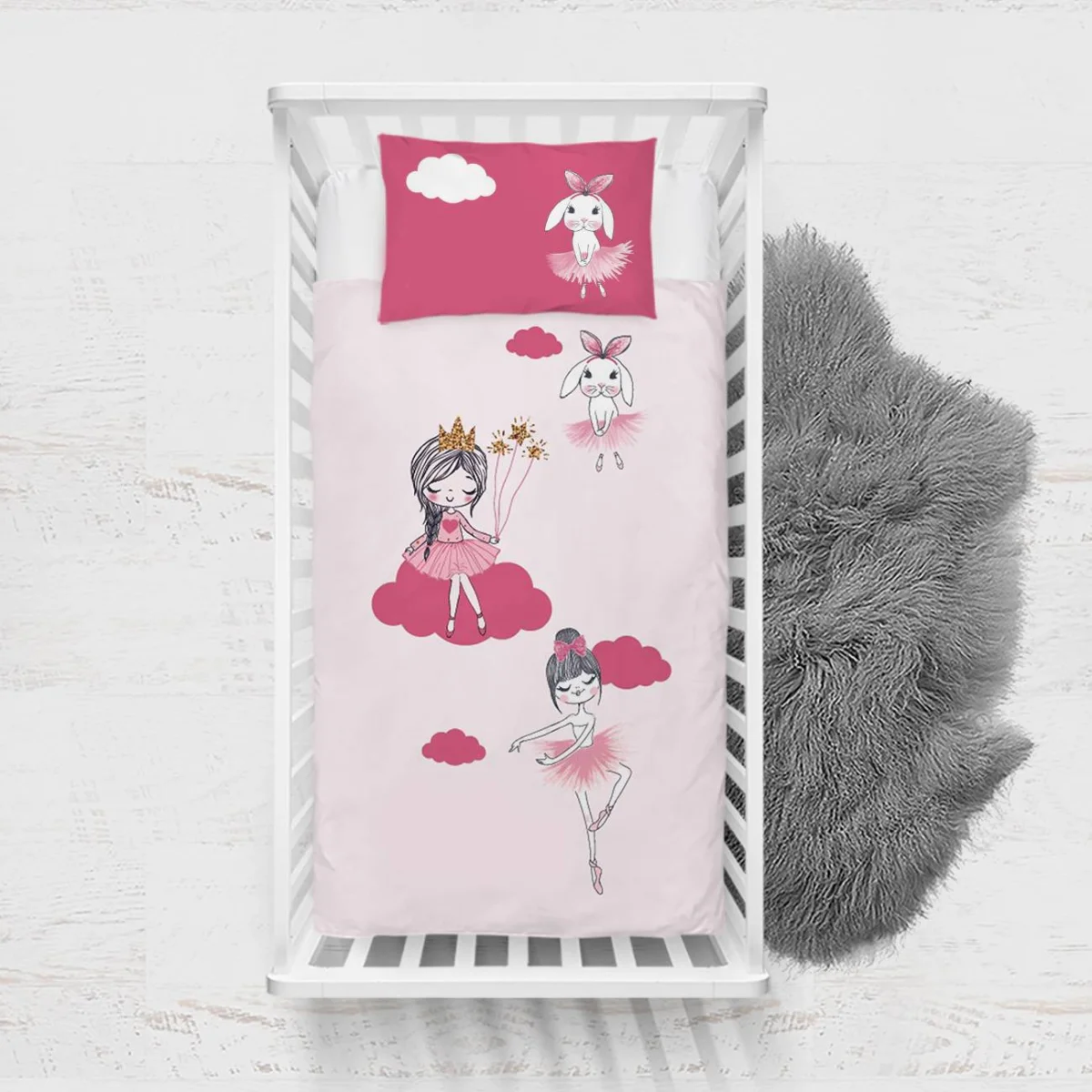 Balerin Yatak Örtüsü ve Pike | Pembe bulut, taç Desenli