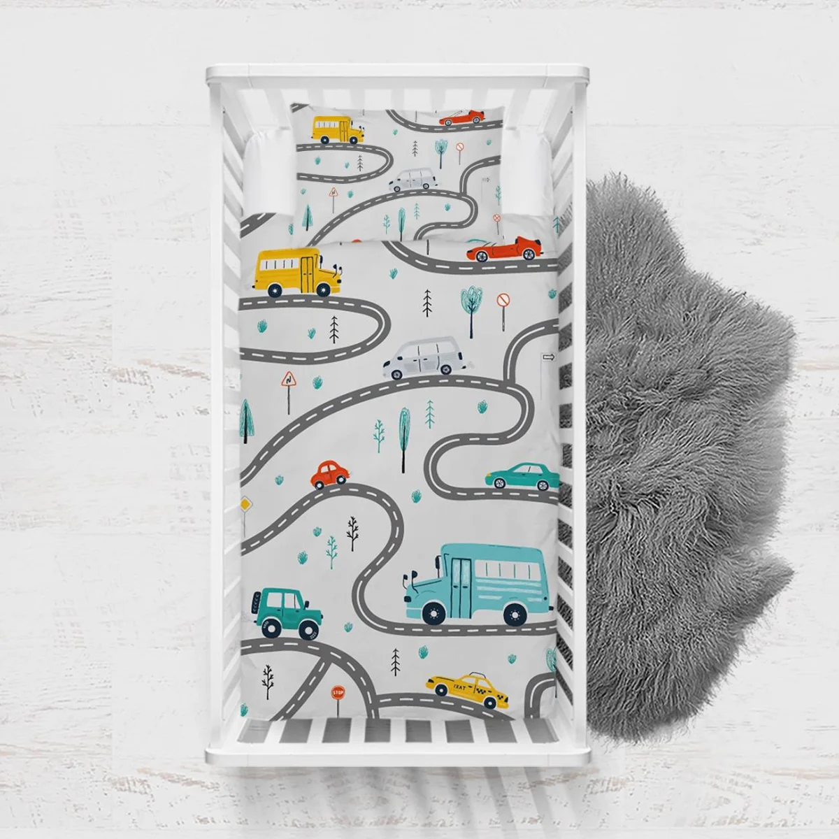 Araçlar Yatak Örtüsü ve Pike | Beyaz yollar, arabalar Desenli