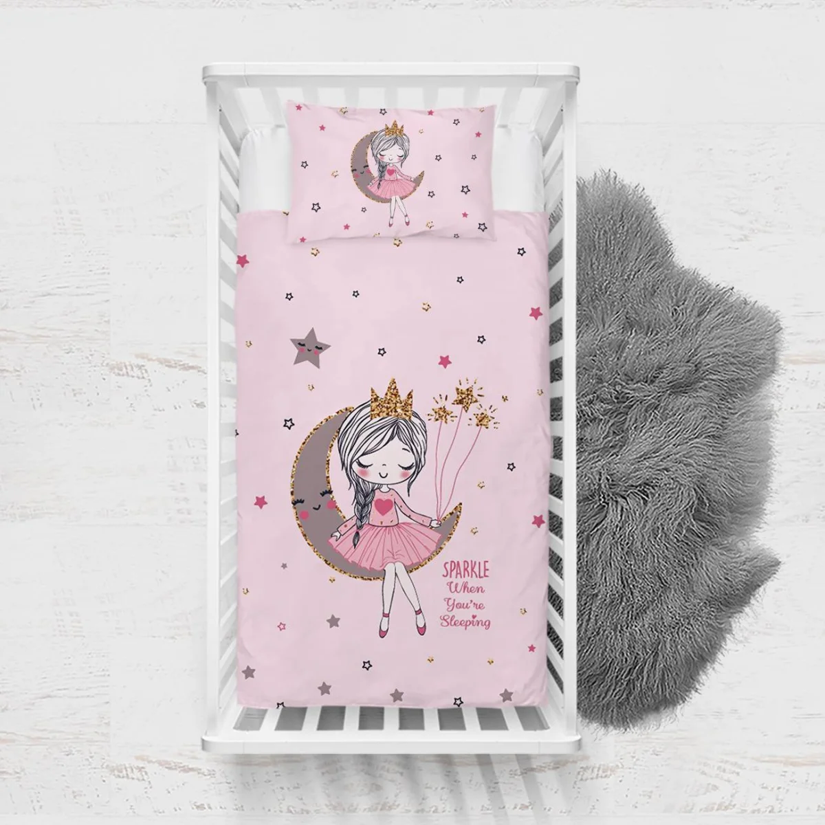 Peri kız ve ay Yatak Örtüsü ve Pike | Pembe yıldızlar, pırıltılar Desenli