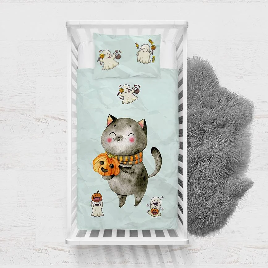 Kedi ve Hayaletler Yatak Örtüsü ve Pike | Açık Mavi Kedi, hayaletler Desenli