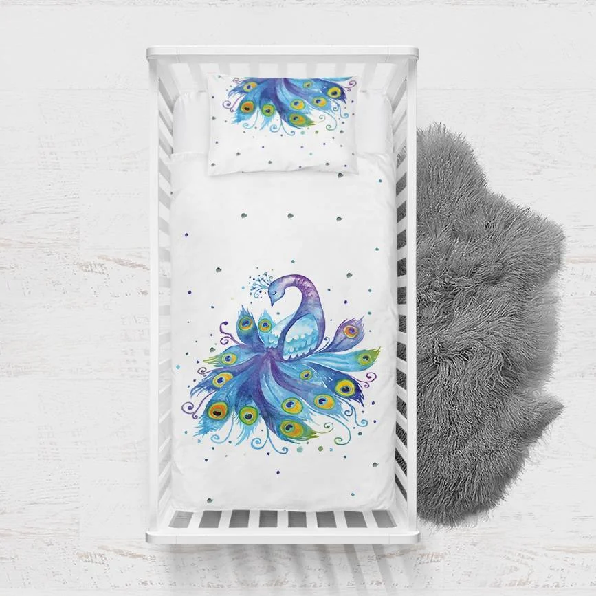 Tavus kuşu Yatak Örtüsü ve Pike | Beyaz Renkli noktalar, stilize kıvrımlar Desenli