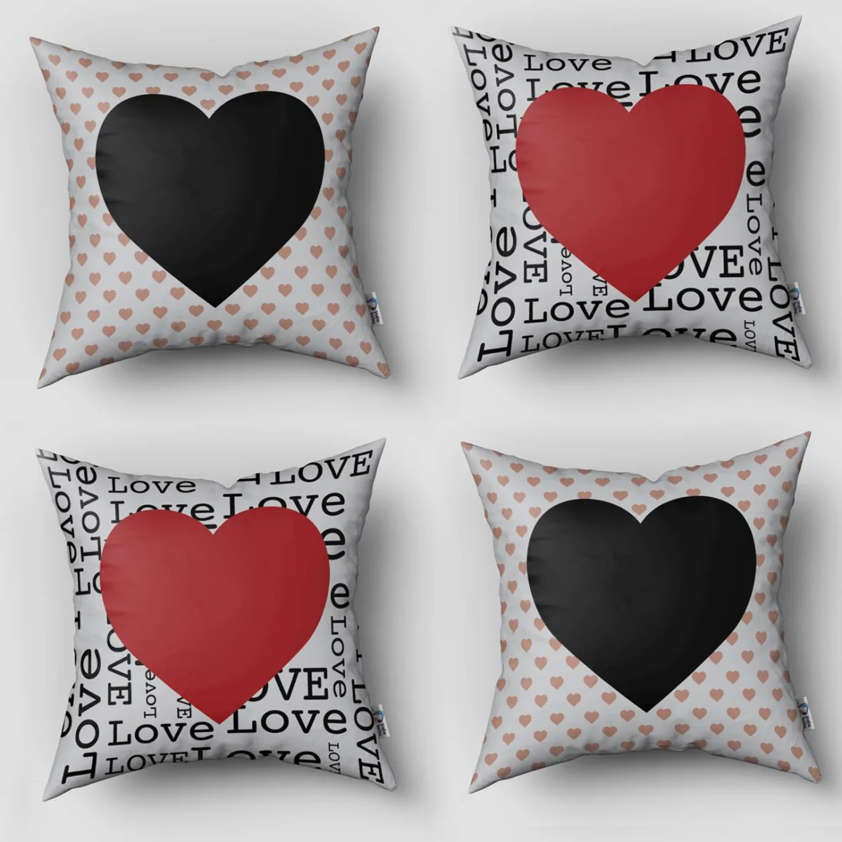 Aşk / Kalp 4lü Kırlent | Beyaz küçük kalpler, 'LOVE' yazıları Desenli