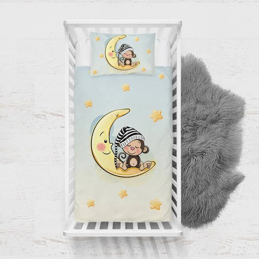 Ay ve Maymun Yatak Örtüsü ve Pike | Mavi yıldız, ay Desenli