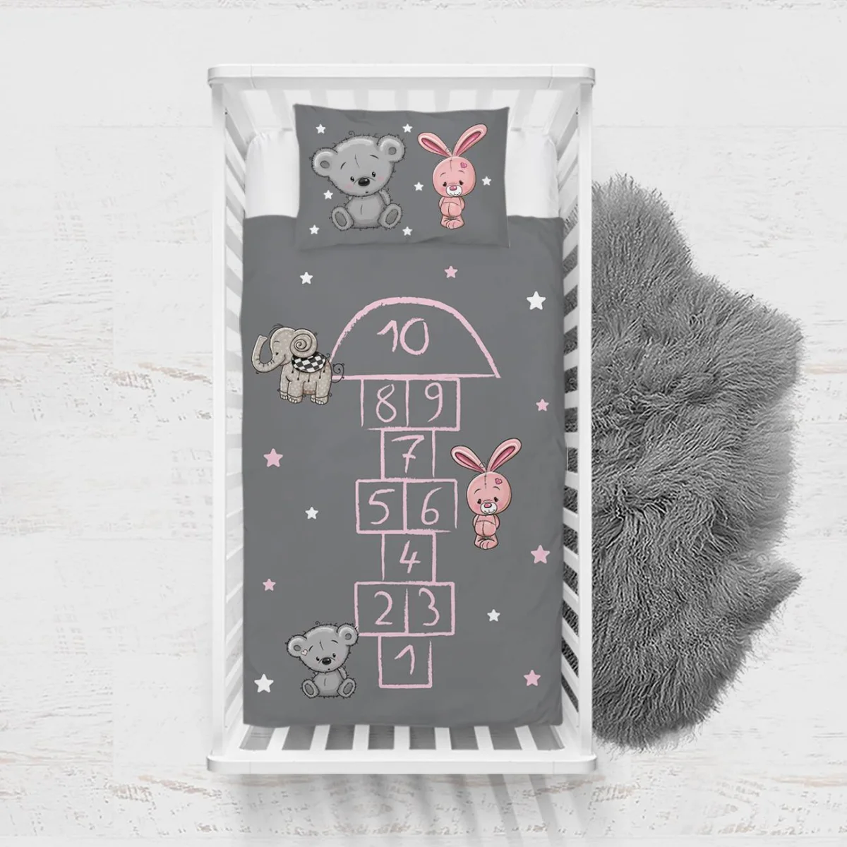 Hayvanlar Yatak Örtüsü ve Pike | Gri yıldızlar, seksek oyunu Desenli