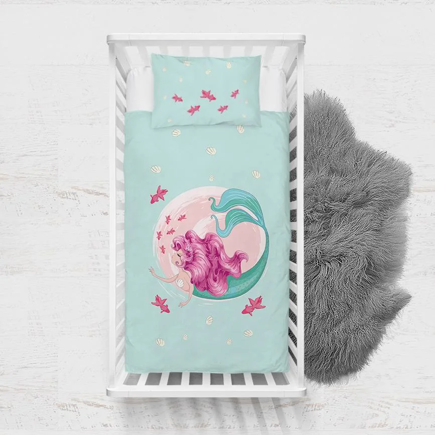 Deniz Kızı Yatak Örtüsü ve Pike | Mavi pembe balıklar, deniz kabukları Desenli