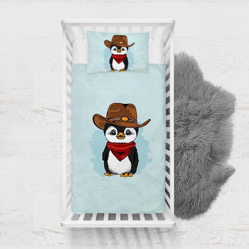 Kovboy Penguen Yatak Örtüsü ve Pike | Mavi Soyut su sıçramaları Desenli