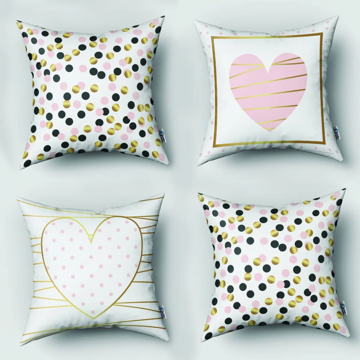 Kalpler ve puantiyeler 4lü Kırlent | Beyaz Altın detaylar, siyah ve pembe puantiyeler Desenli