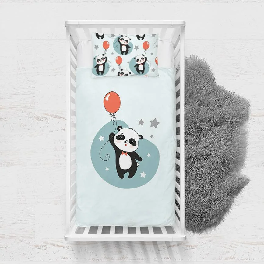 Panda Yatak Örtüsü ve Pike | Açık Mavi balon, yıldız Desenli