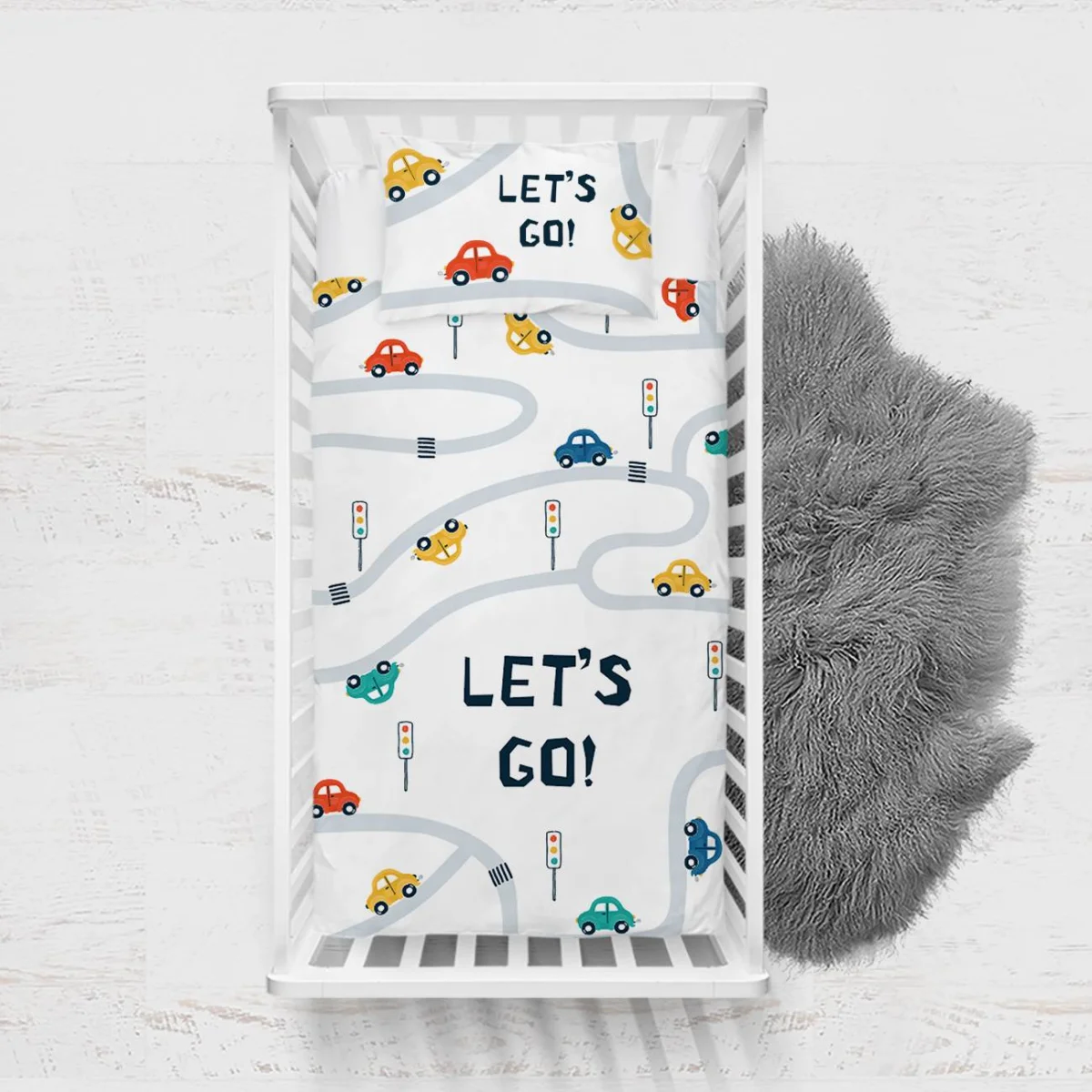 Arabalar Yatak Örtüsü ve Pike | Beyaz Yol, trafik lambaları Desenli