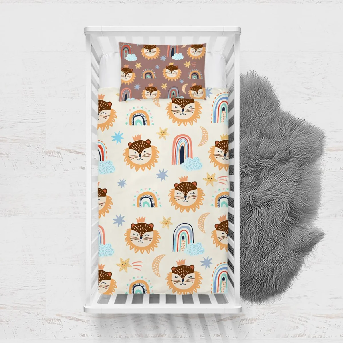 Orman Hayvanları Yatak Örtüsü ve Pike | Beyaz gökkuşağı, yıldız Desenli