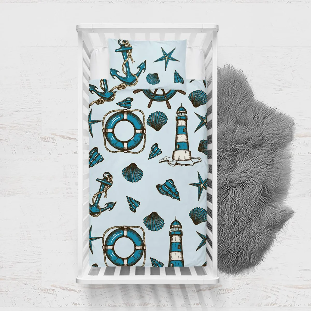 Denizcilik Yatak Örtüsü ve Pike | Mavi Çapa, can simidi Desenli