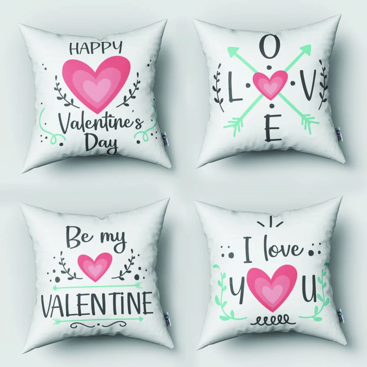 Sevgililer Günü 4lü Kırlent | Beyaz kalp, ok Desenli