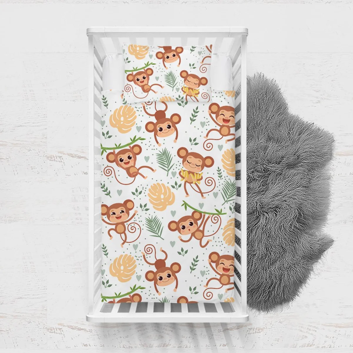 Maymunlar Yatak Örtüsü ve Pike | Beyaz tropikal yapraklar, muzlar Desenli