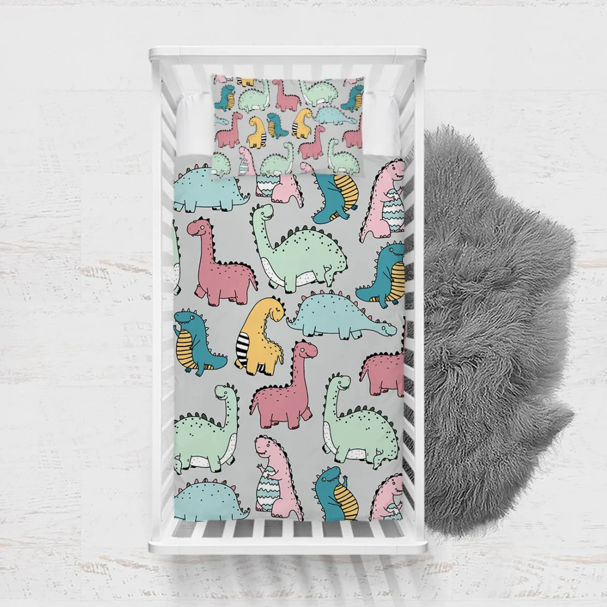 Dinozorlar Yatak Örtüsü ve Pike | Gri yok Desenli