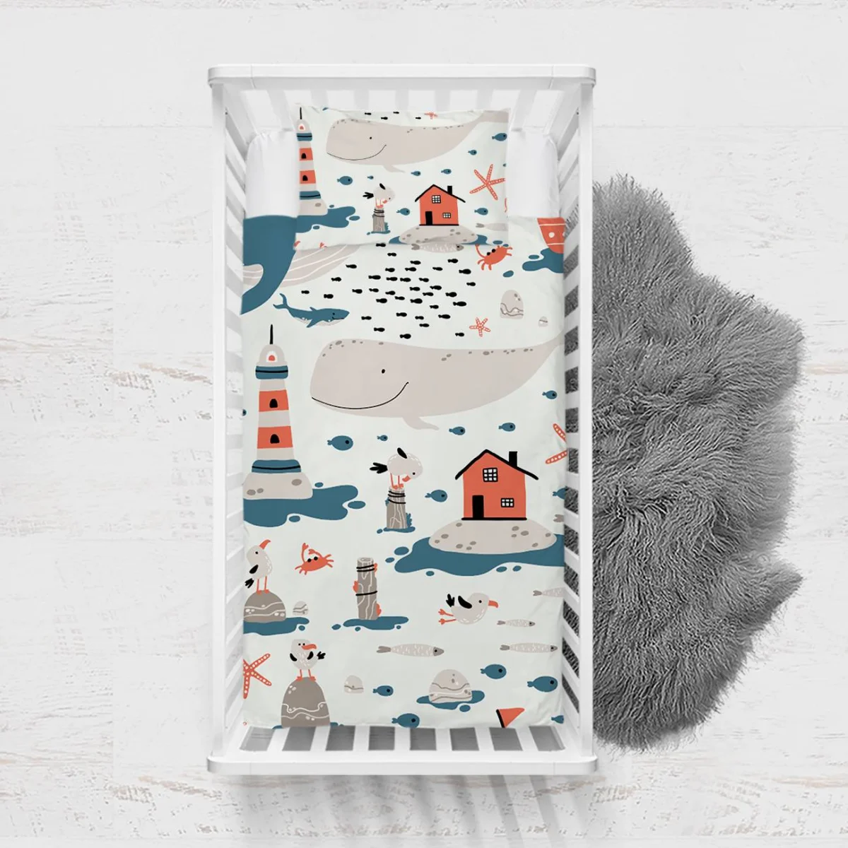Deniz Teması Yatak Örtüsü ve Pike | Beyaz Balina, deniz feneri Desenli
