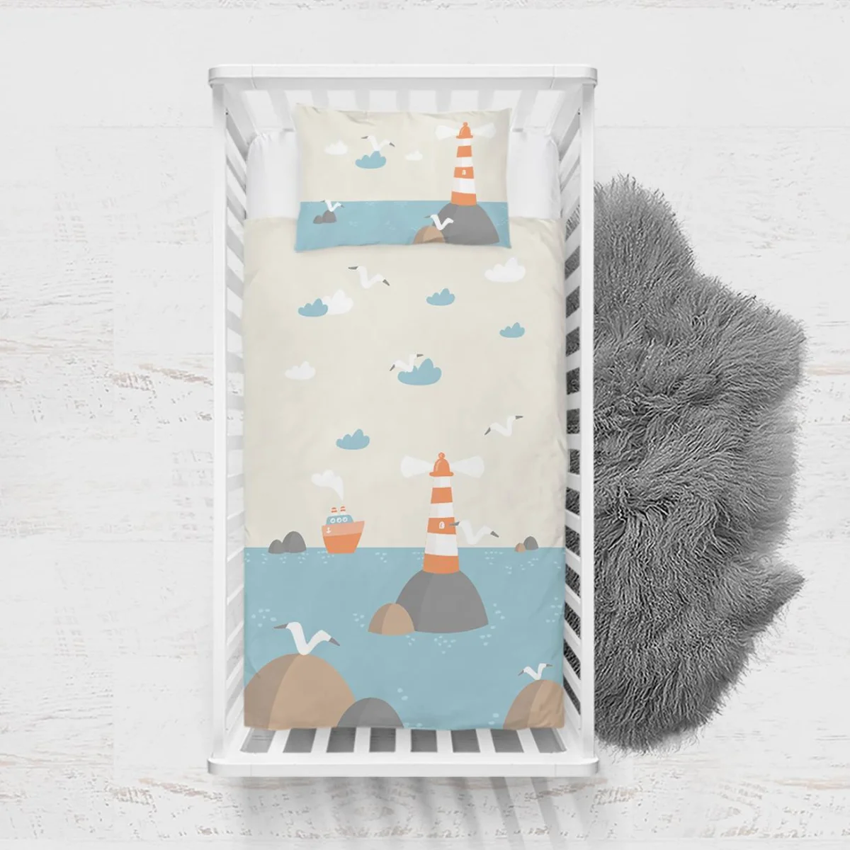 Denizcilik / Deniz kenarı Yatak Örtüsü ve Pike | Krem deniz feneri, gemi Desenli