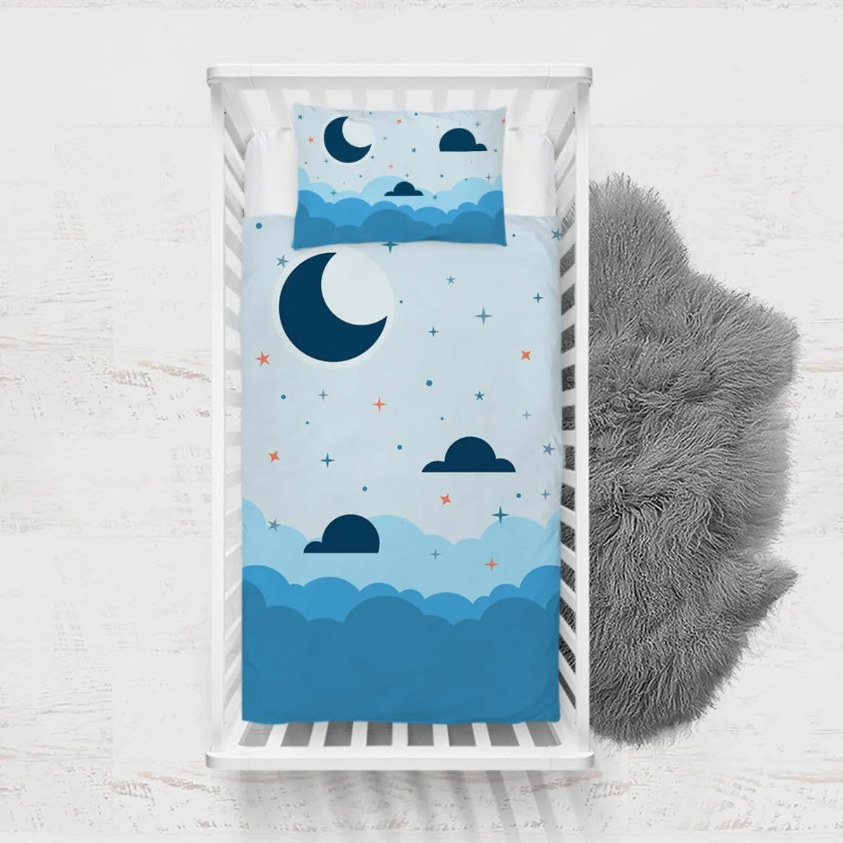 Ay ve Bulutlar Yatak Örtüsü ve Pike | Mavi Ay, bulut Desenli