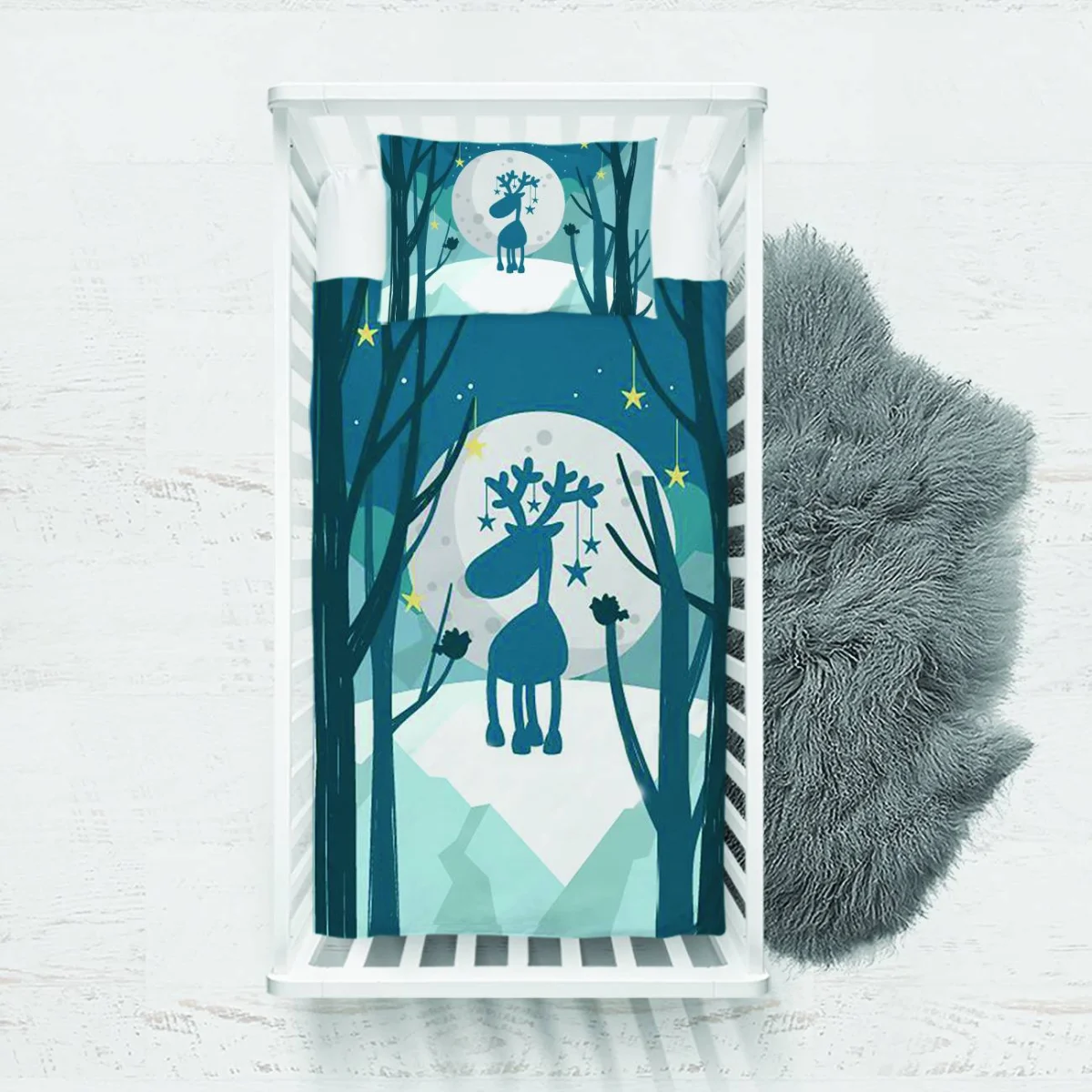 Geyik Yatak Örtüsü ve Pike | Mavi yıldızlar, ay Desenli