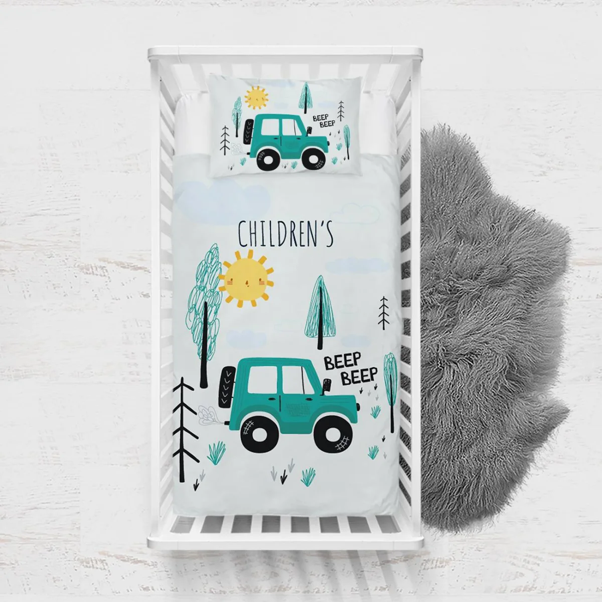 Araç Yatak Örtüsü ve Pike | Beyaz güneş, ağaçlar Desenli