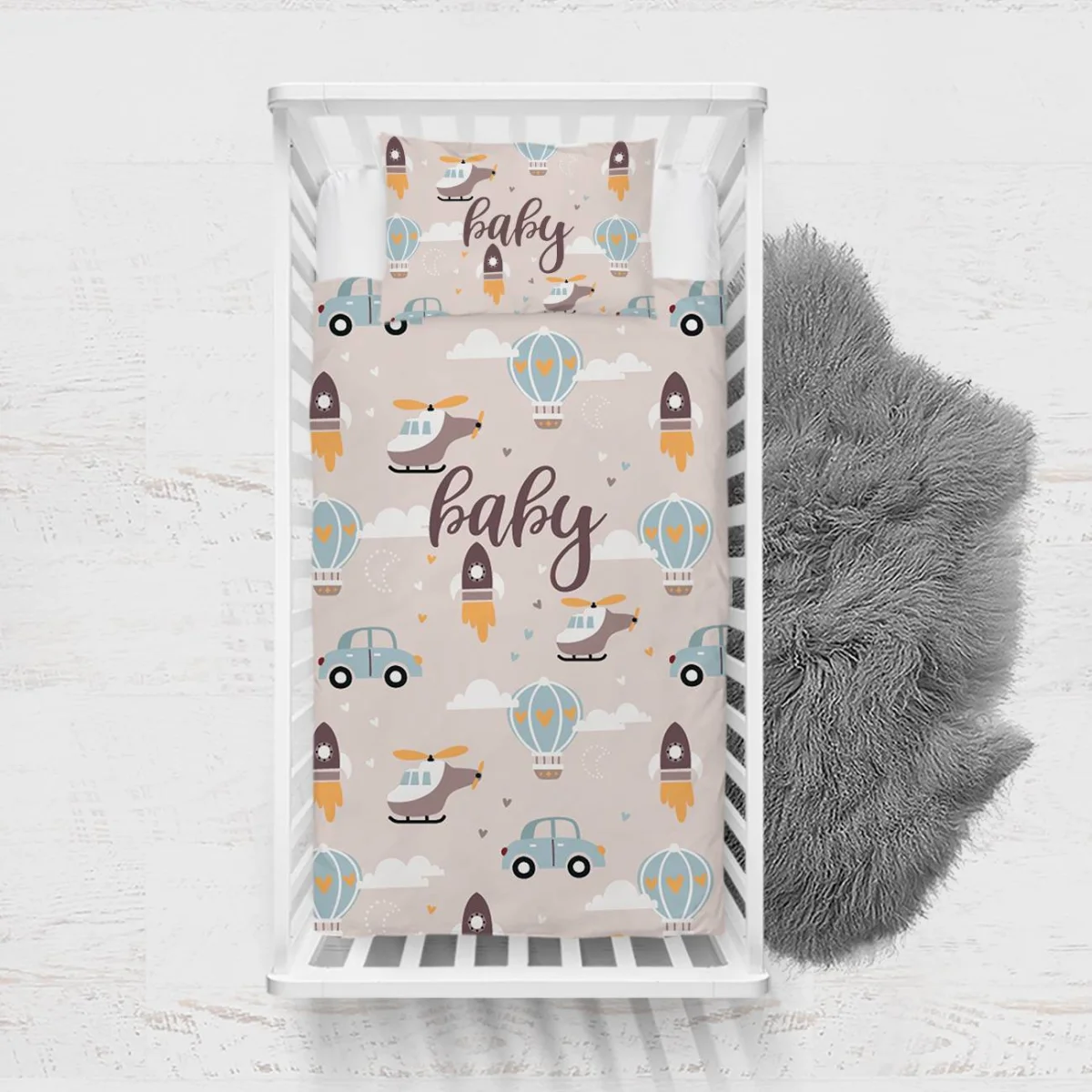 Ulaşım Araçları Yatak Örtüsü ve Pike | Bej roket, helikopter Desenli