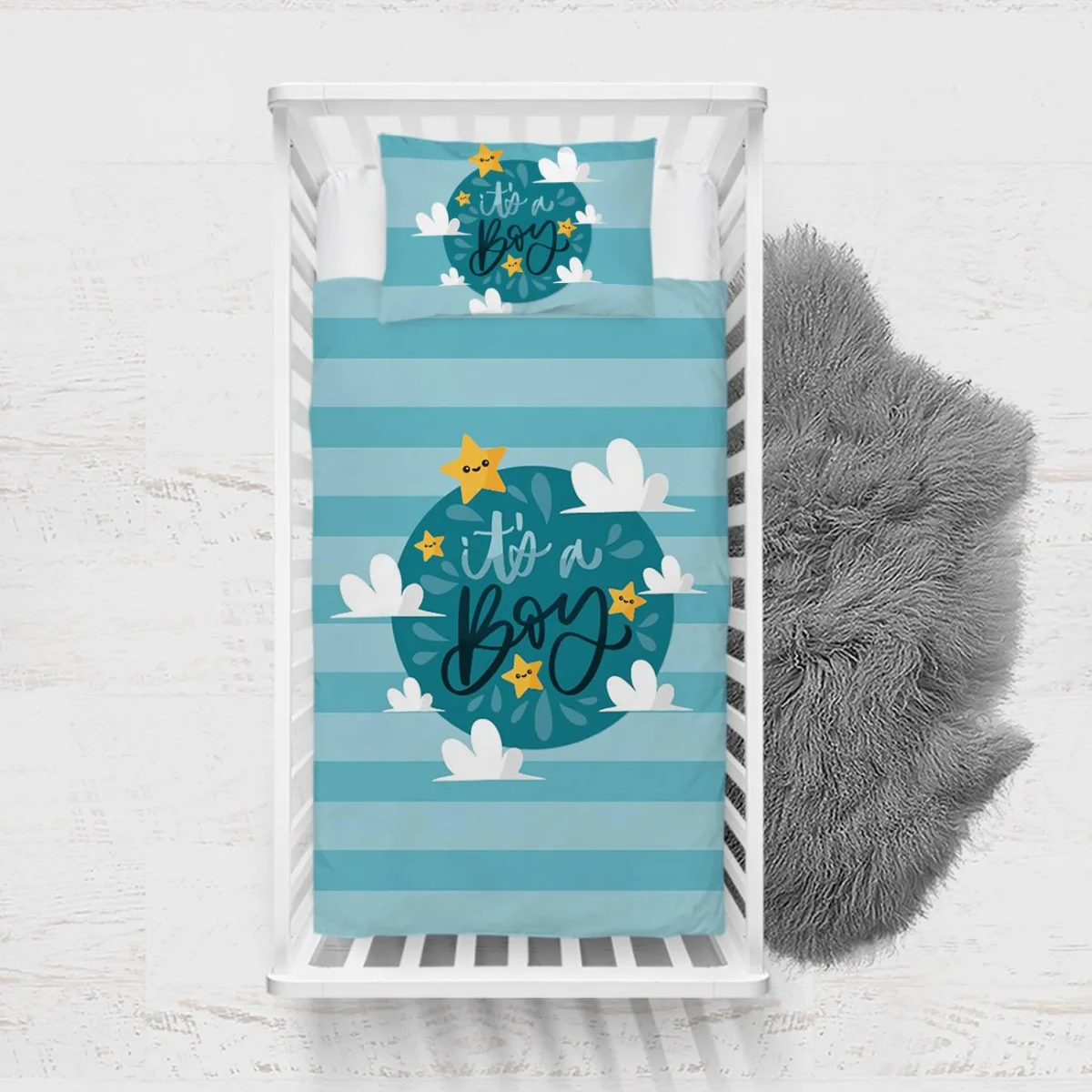 Yıldızlar ve Bulutlar Yatak Örtüsü ve Pike | Mavi Yıldız, bulut Desenli