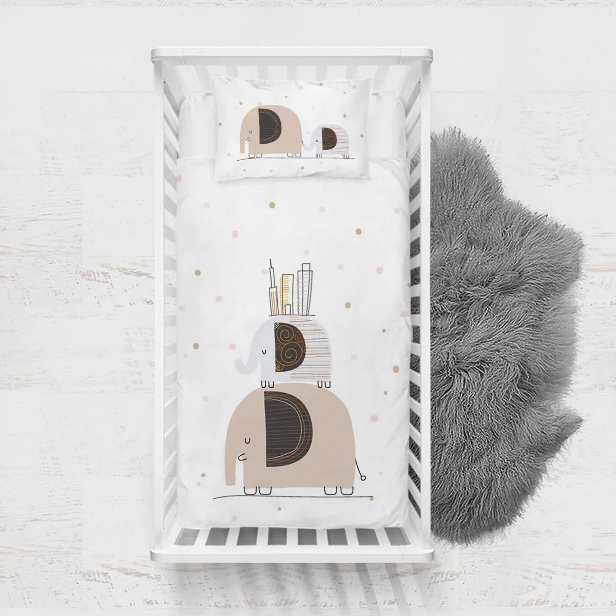 Şehirli Filler Yatak Örtüsü ve Pike | Beyaz pembe ve altın rengi puantiyeler, şehir binaları Desenli