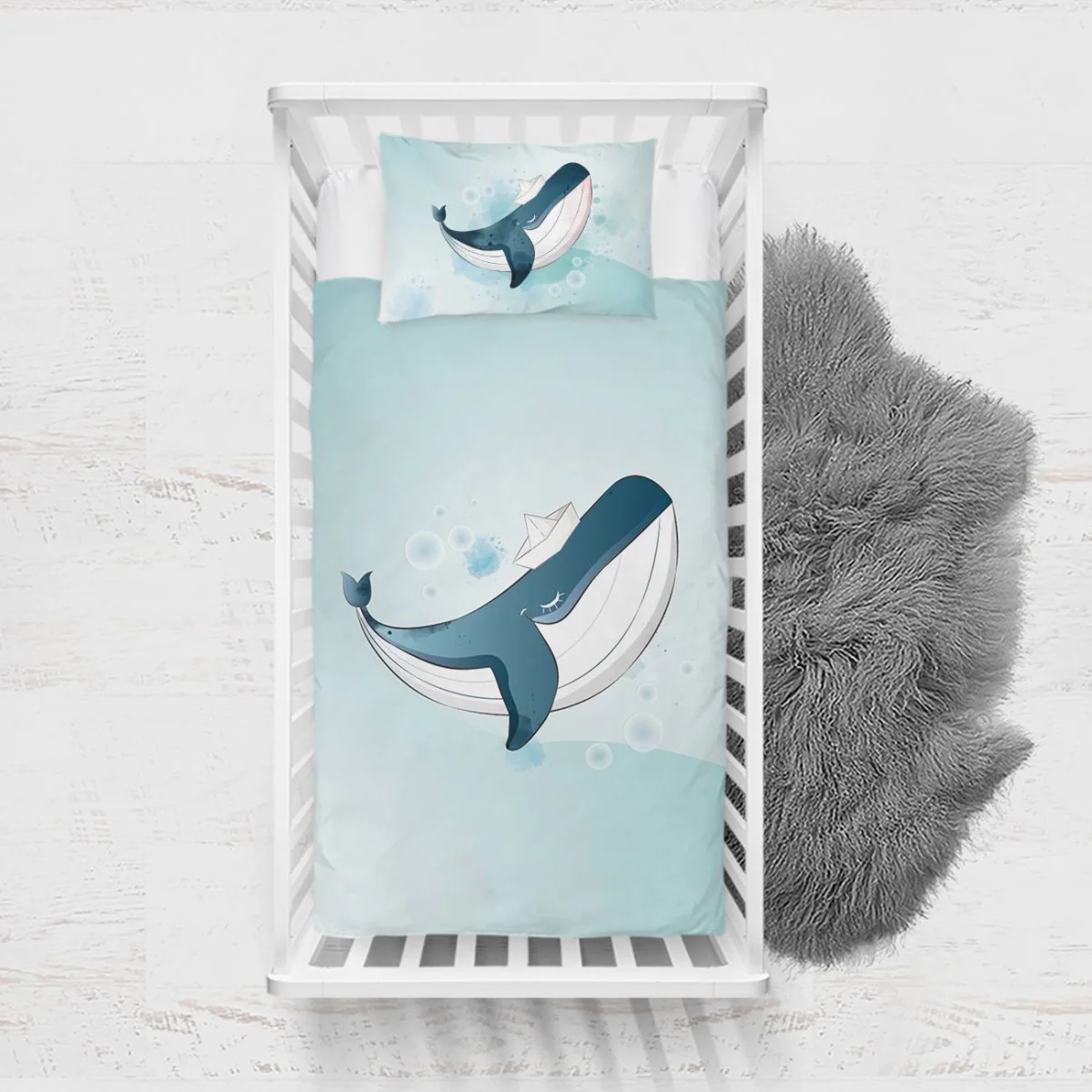 Balina Yatak Örtüsü ve Pike | Açık Mavi Baloncuklar, kağıt gemi Desenli