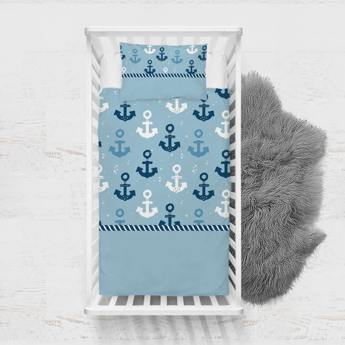 Çapa Yatak Örtüsü ve Pike | Mavi Halat deseni, beyaz noktalar Desenli