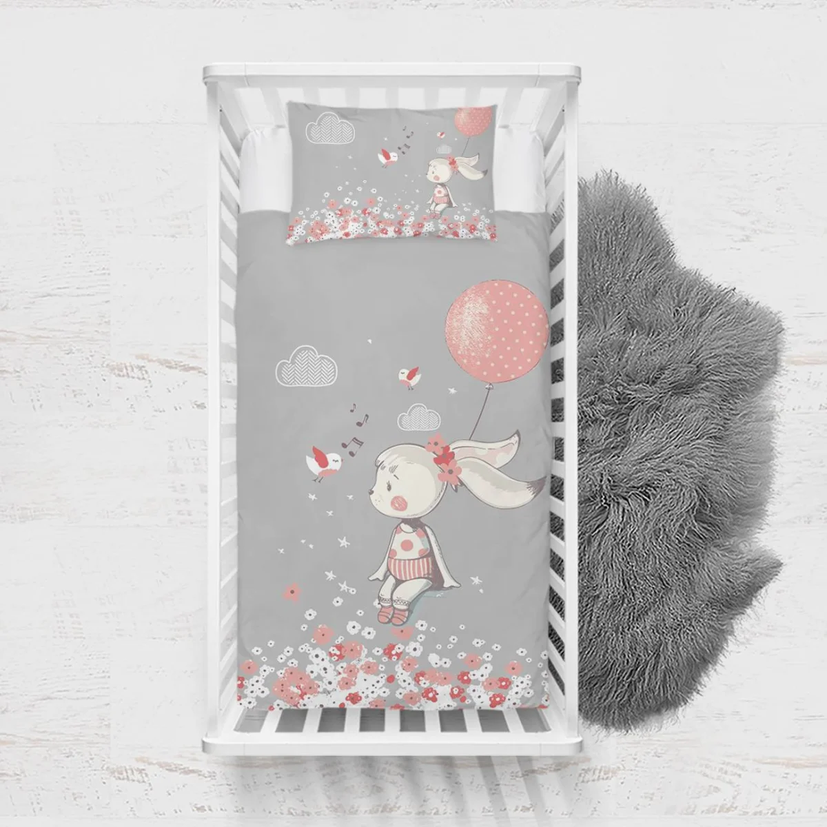 Tavşan ve Kuşlar Yatak Örtüsü ve Pike | Gri Bulut, yıldız Desenli