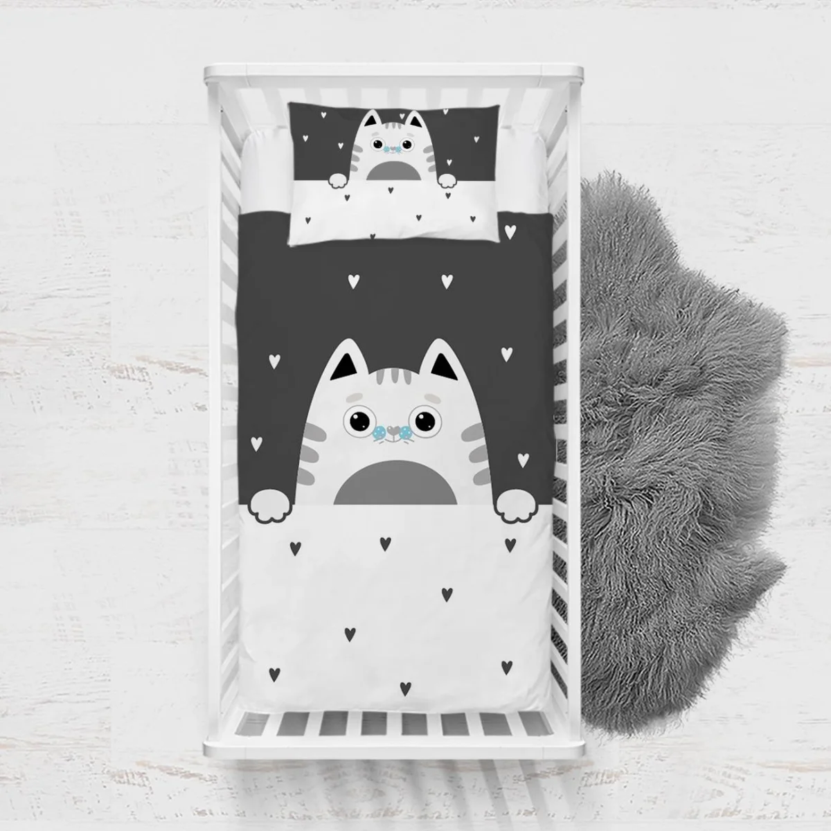 Kedi Yatak Örtüsü ve Pike | Beyaz kalp desenleri, kuşlar Desenli