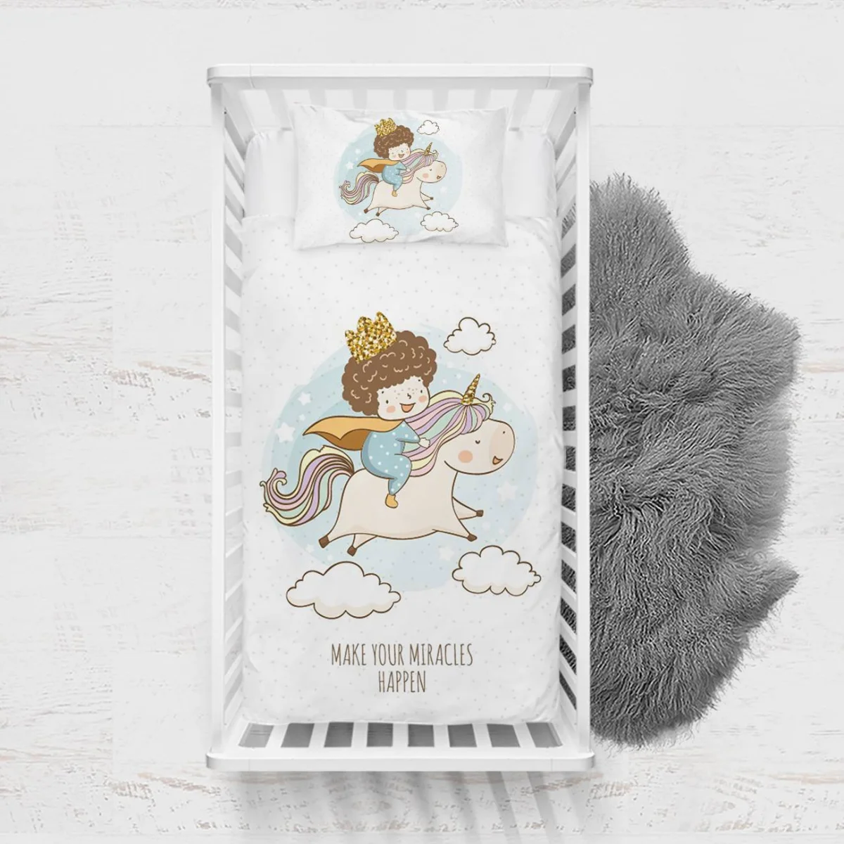 Unicorn Yatak Örtüsü ve Pike | Beyaz yıldız, bulut Desenli