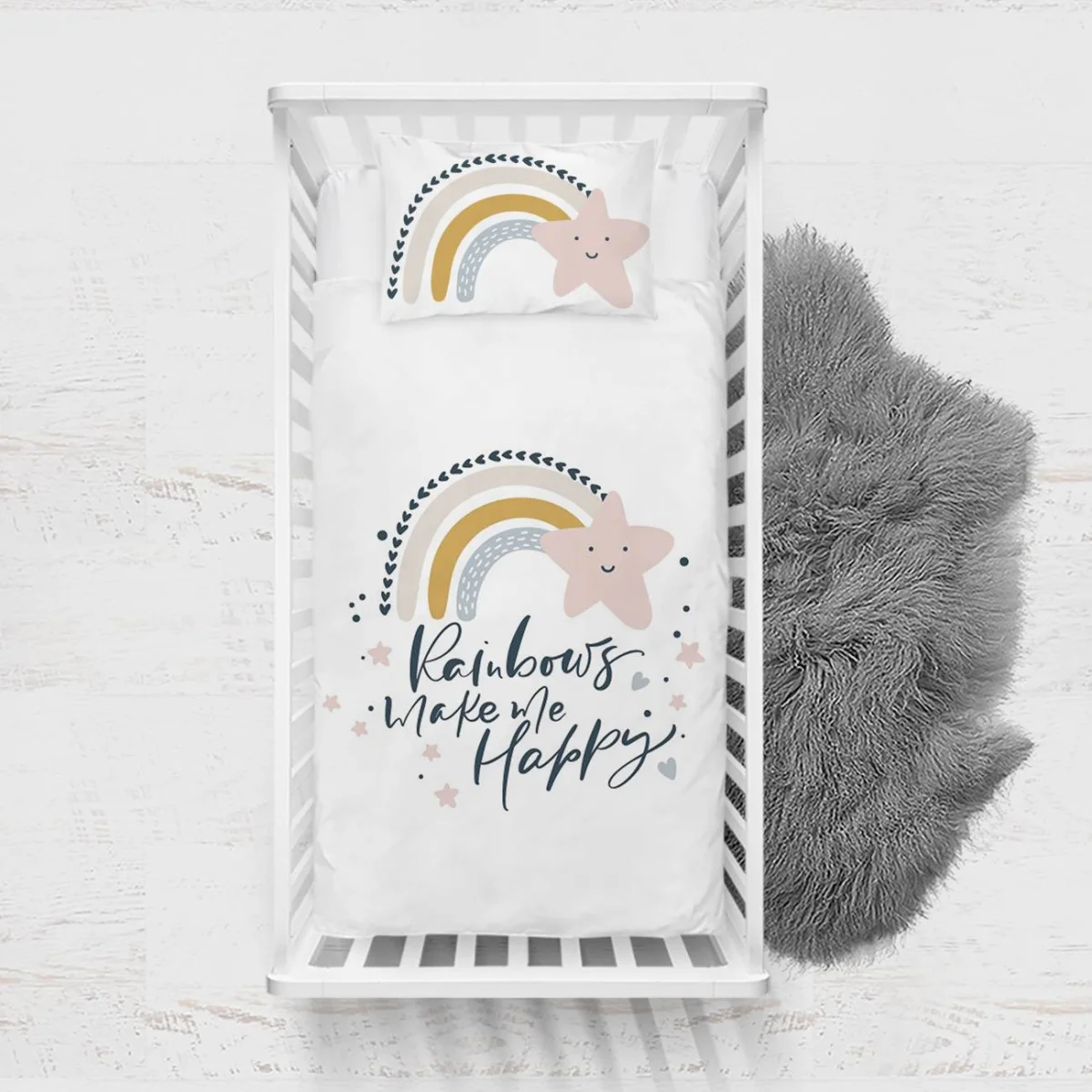 Gökkuşağı ve Yıldızlar Yatak Örtüsü ve Pike | Beyaz gökkuşağı, yıldızlar Desenli