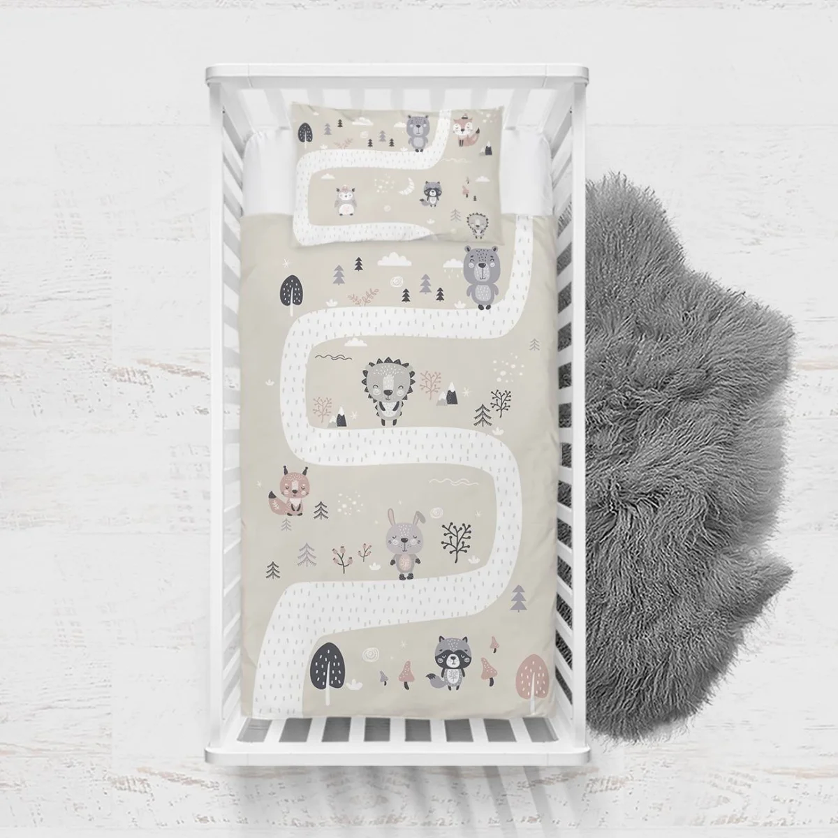 Orman Hayvanları Yatak Örtüsü ve Pike | Bej Yol, ağaçlar Desenli