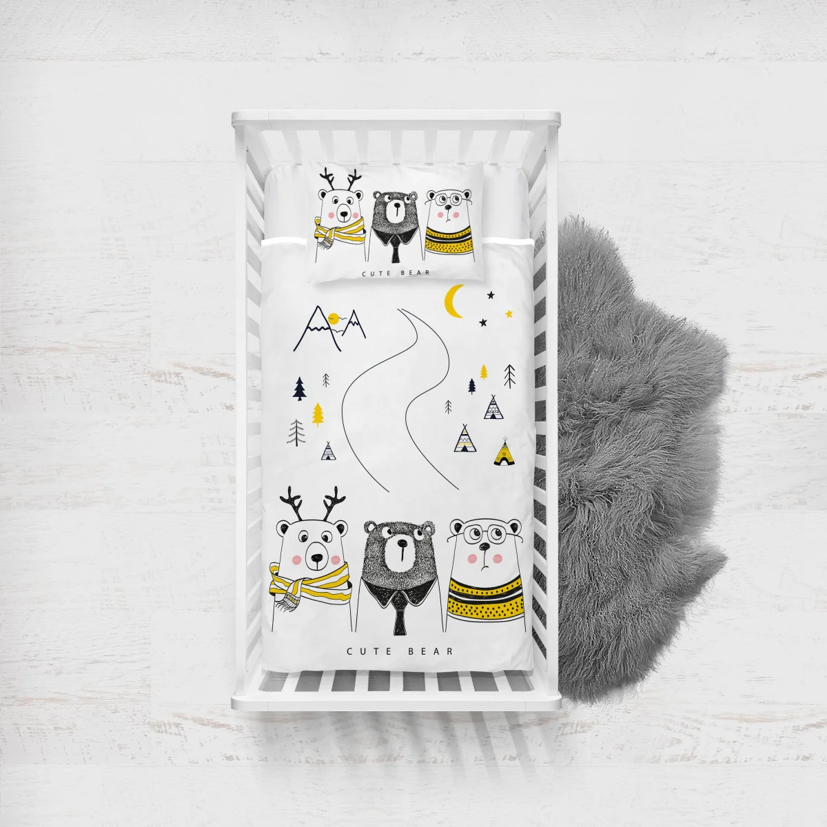 Ayılar Yatak Örtüsü ve Pike | Beyaz Dağlar, ağaçlar Desenli