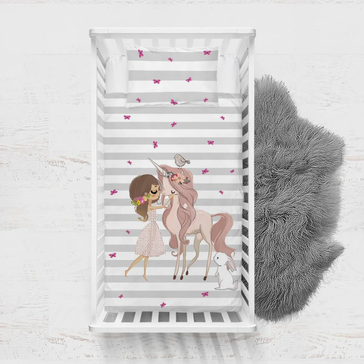 Unicorn Yatak Örtüsü ve Pike | Beyaz kız, kuş Desenli