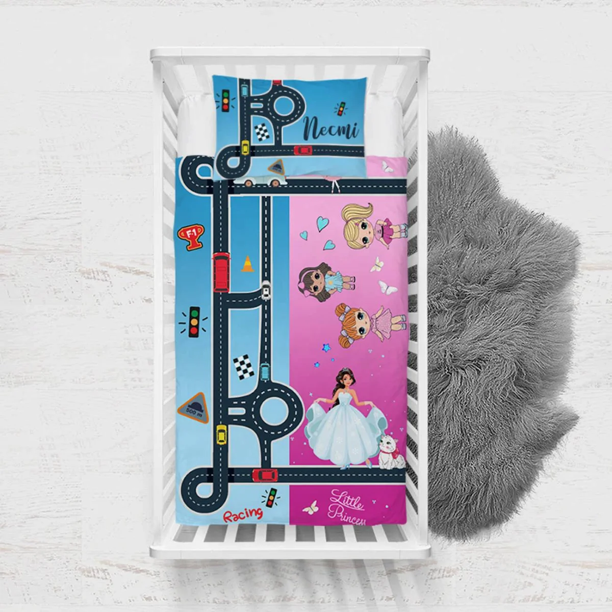 Prensesler, Arabalar, Yol Haritası Yatak Örtüsü ve Pike | Pembe, Mavi yıldızlar, trafik ışıkları Desenli