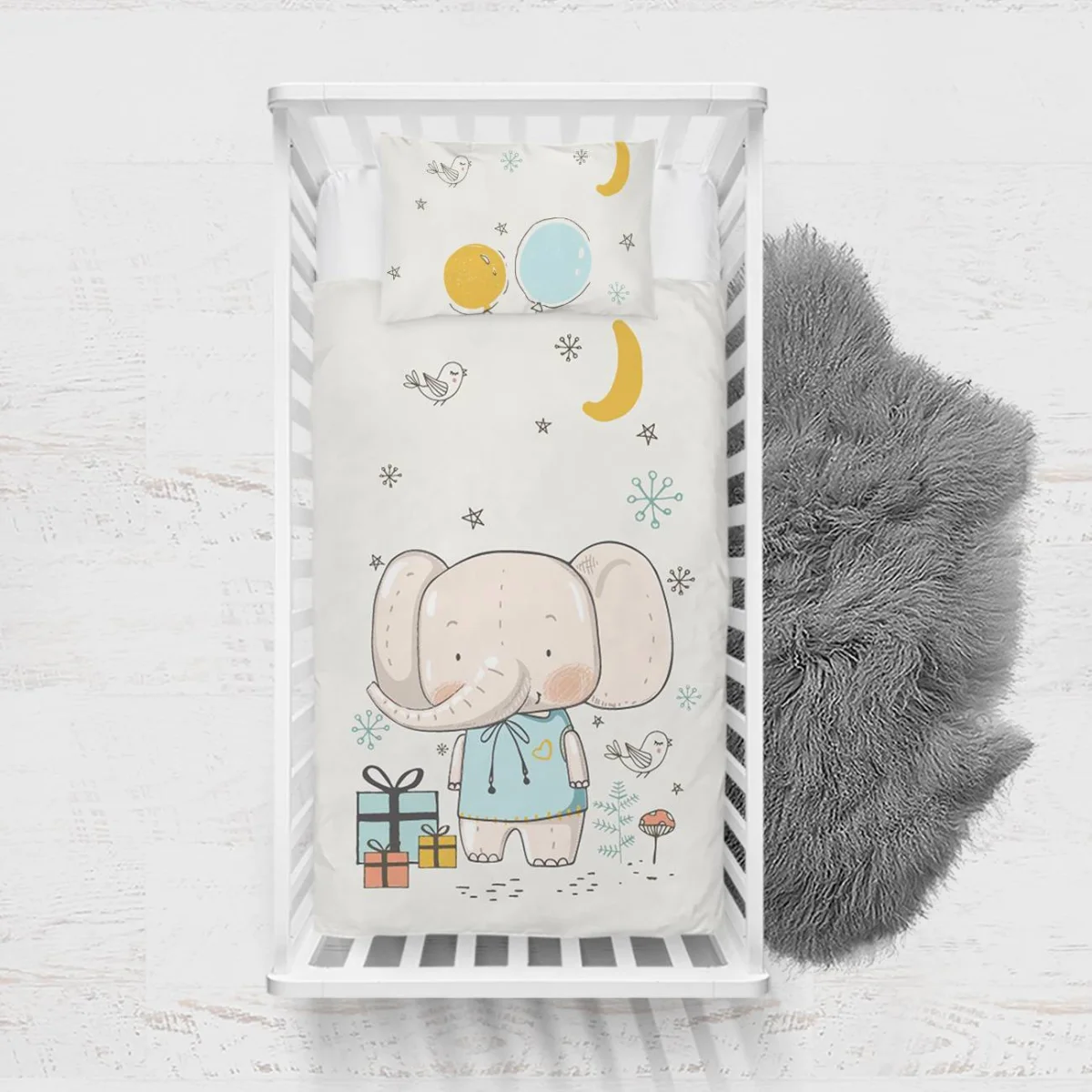 Fil, Orman Hayvanları Yatak Örtüsü ve Pike | Beyaz yıldız, balon Desenli