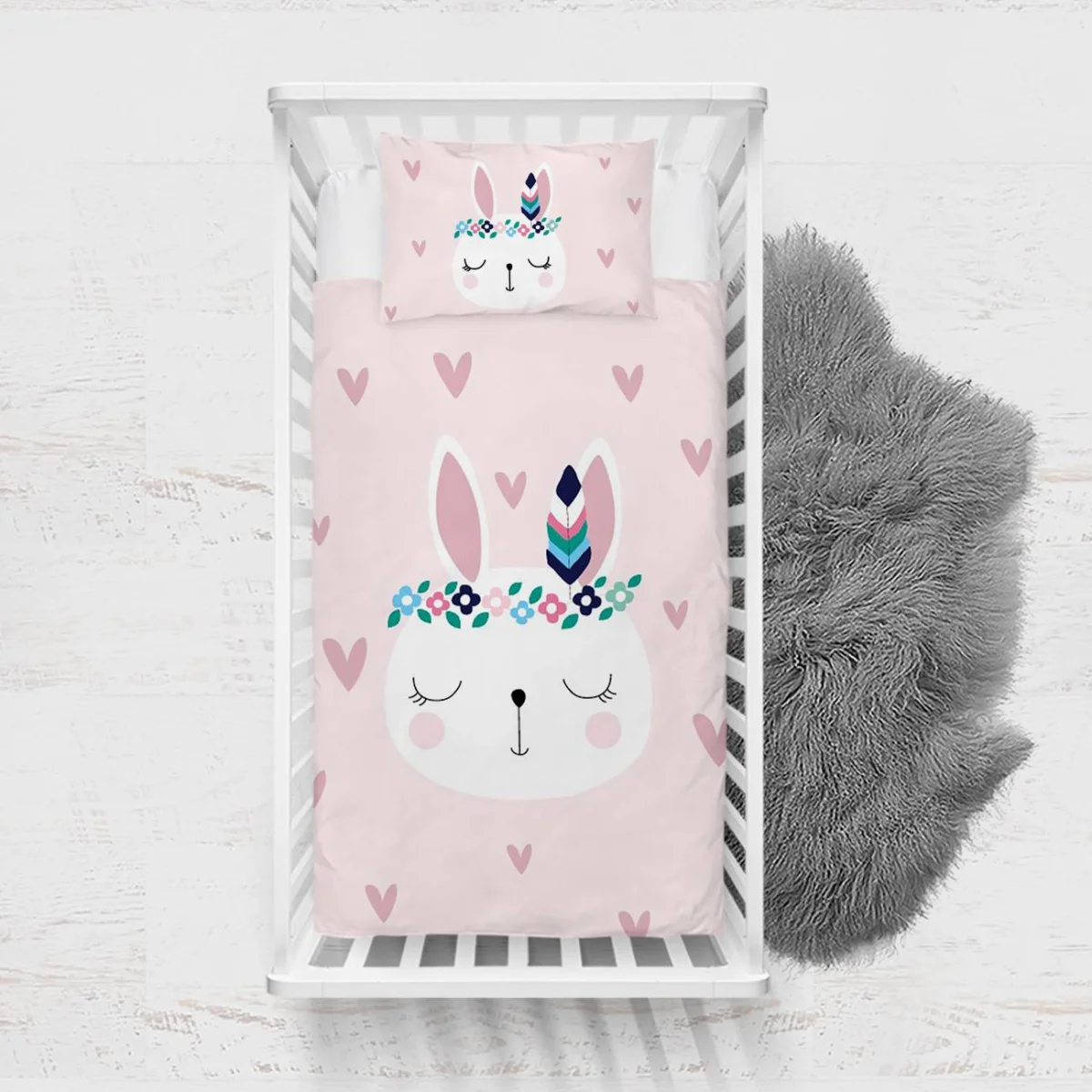 Tavşan Yatak Örtüsü ve Pike | Pembe Kalpler, çiçekler Desenli