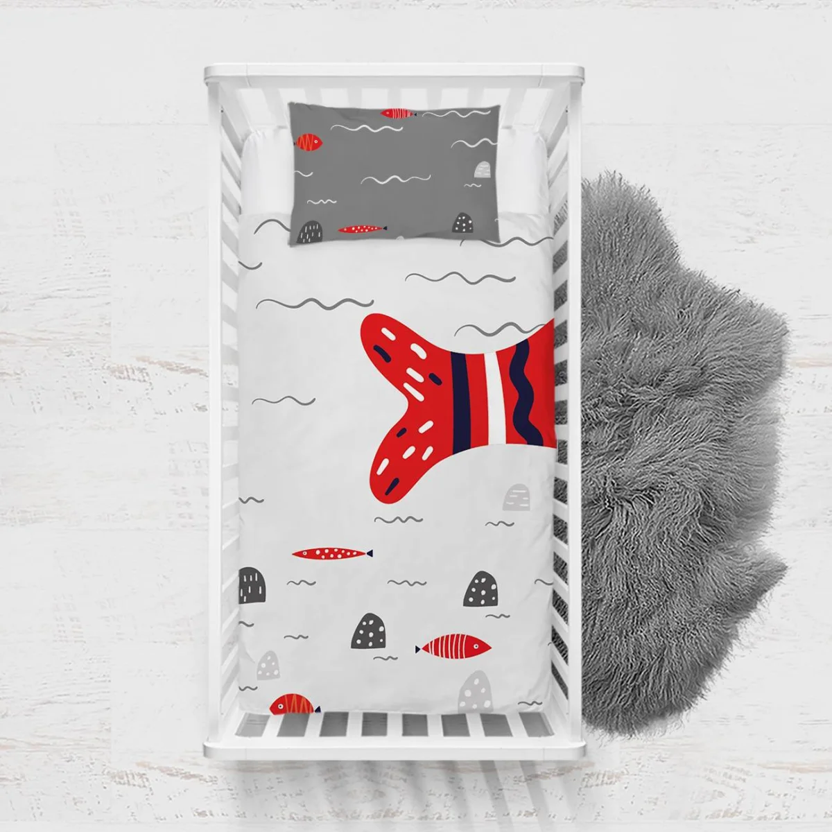 Balık Yatak Örtüsü ve Pike | Beyaz Dalga, küçük balık Desenli