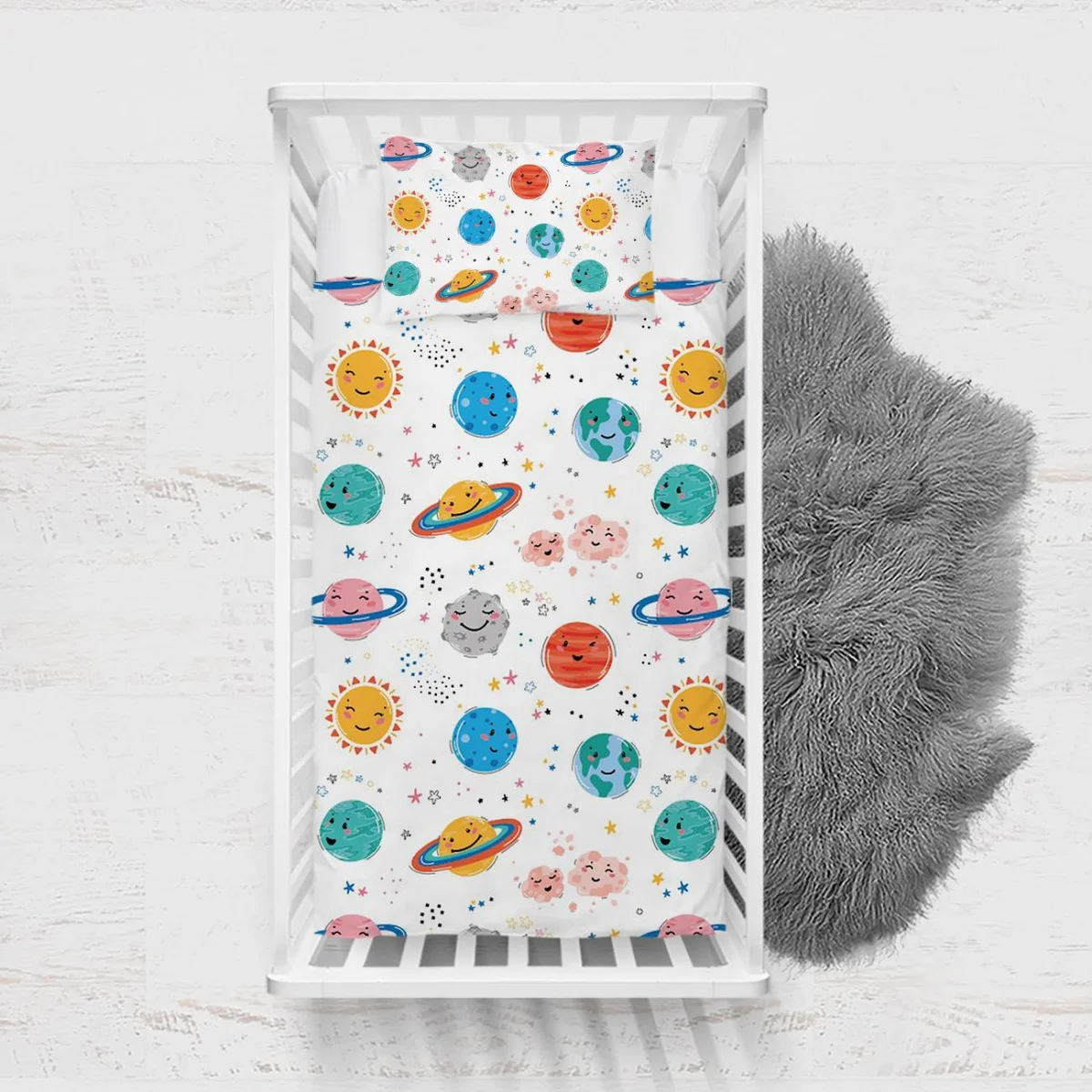 Uzay Yatak Örtüsü ve Pike | Beyaz gezegenler, güneş Desenli