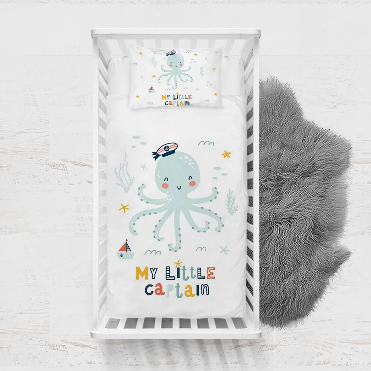 Ahtapot Yatak Örtüsü ve Pike | Beyaz yelkenli, deniz yıldızı Desenli