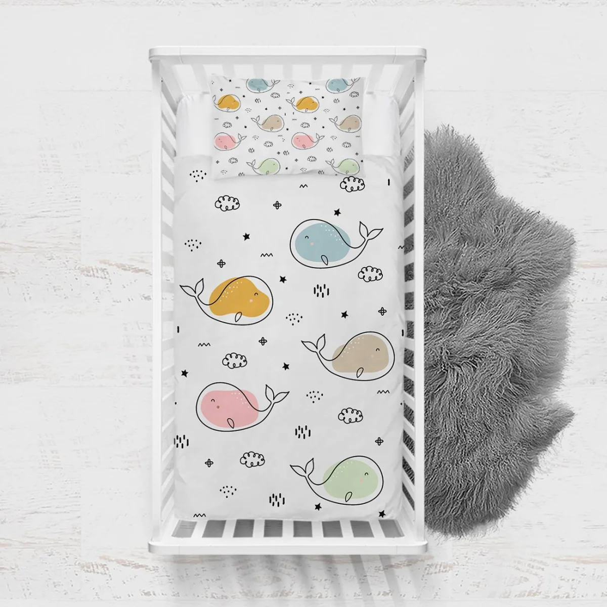 Balinalar Yatak Örtüsü ve Pike | Beyaz yıldız, bulut Desenli