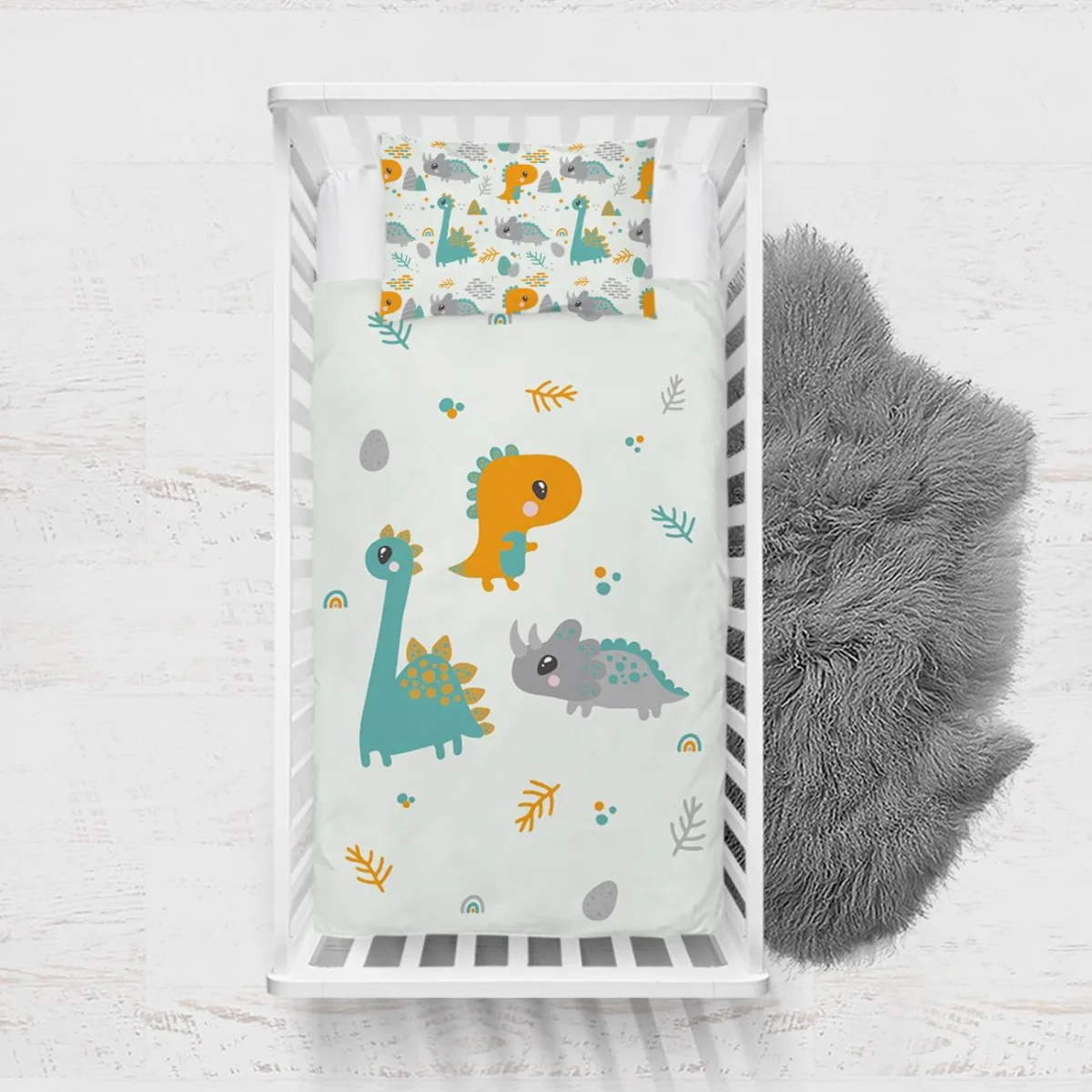 Dinozorlar Yatak Örtüsü ve Pike | Beyaz yaprak, yumurta Desenli