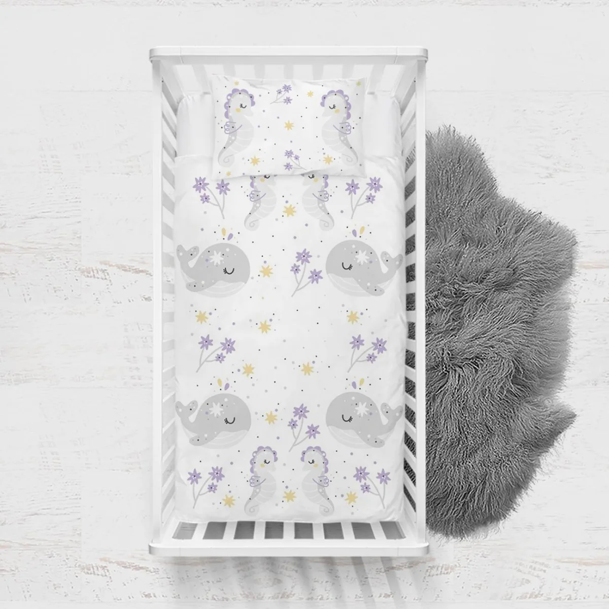 Deniz hayvanları Yatak Örtüsü ve Pike | Beyaz yıldız, çiçek Desenli