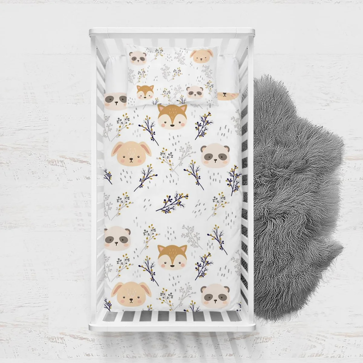 Orman Hayvanları Yatak Örtüsü ve Pike | Beyaz dallar, yapraklar Desenli