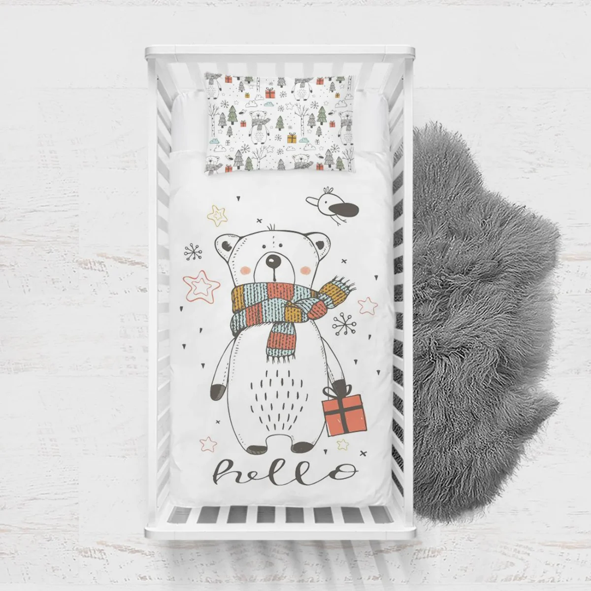 Kutup Ayısı Yatak Örtüsü ve Pike | Beyaz çam ağaçları, kar taneleri Desenli