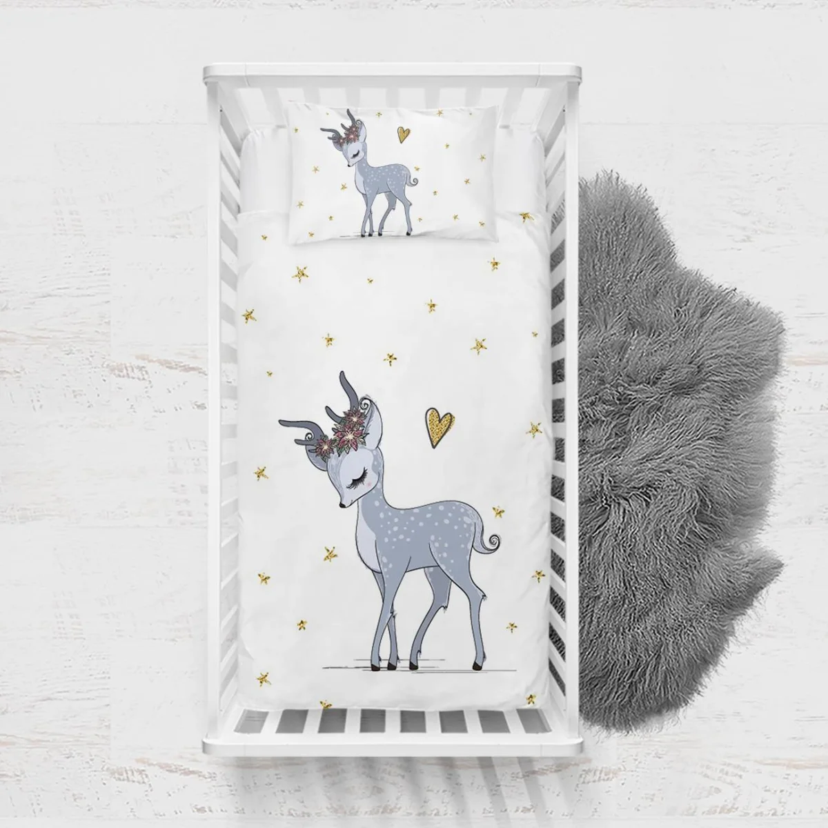 Geyik Yatak Örtüsü ve Pike | Beyaz çiçek, yıldız Desenli