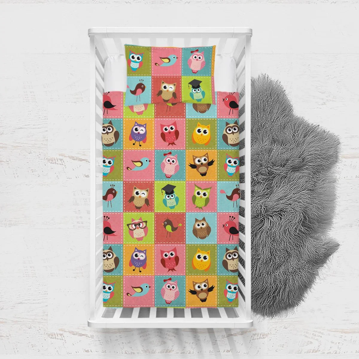 Baykuşlar Yatak Örtüsü ve Pike | Çok renkli Patchwork desen, dikiş izleri Desenli