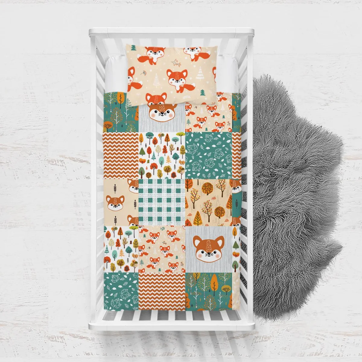 Tilki ve Orman Yatak Örtüsü ve Pike | Bej Yama işi, ağaçlar Desenli