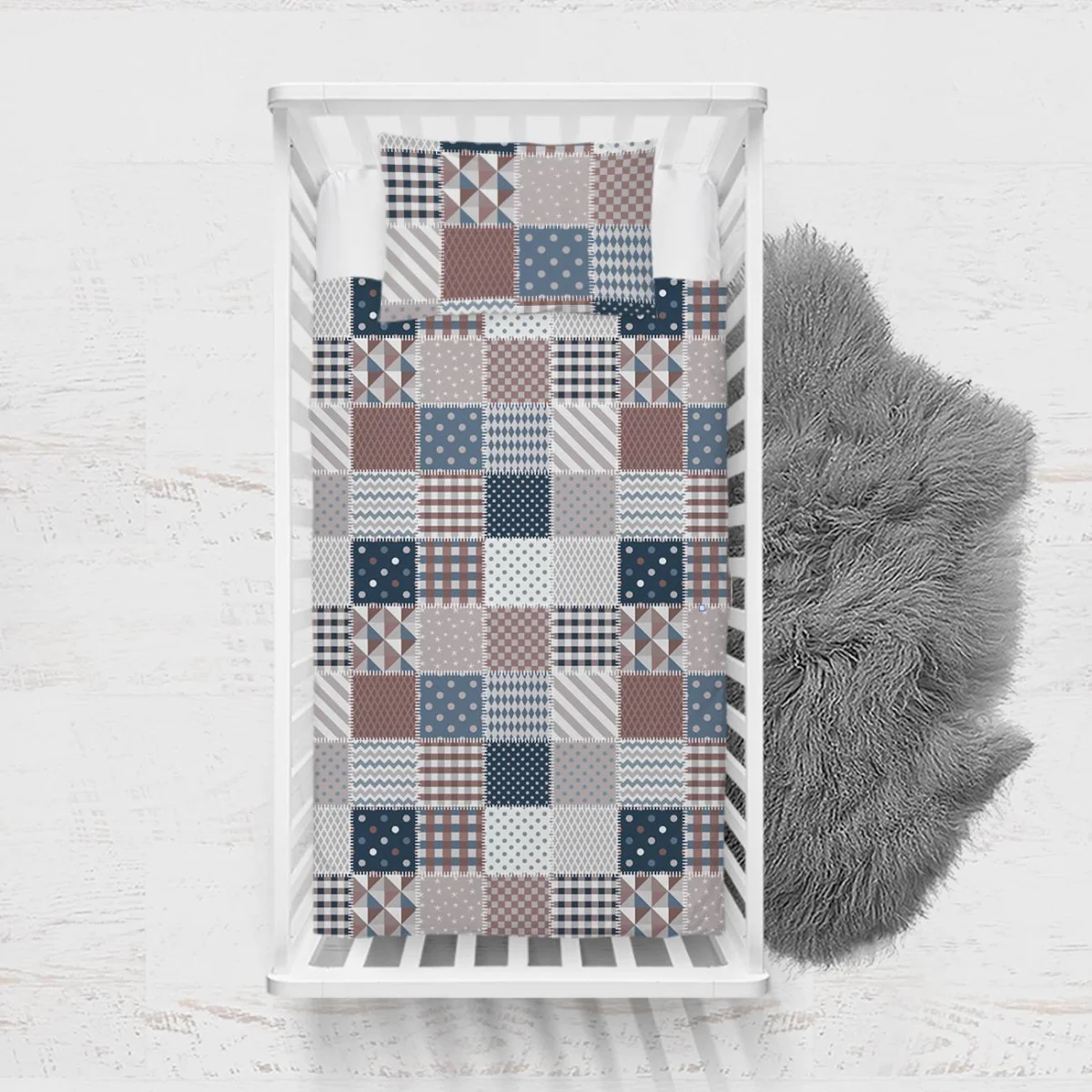 Patchwork Yatak Örtüsü ve Pike | Mavi, kahverengi, gri Yıldız, puantiye Desenli